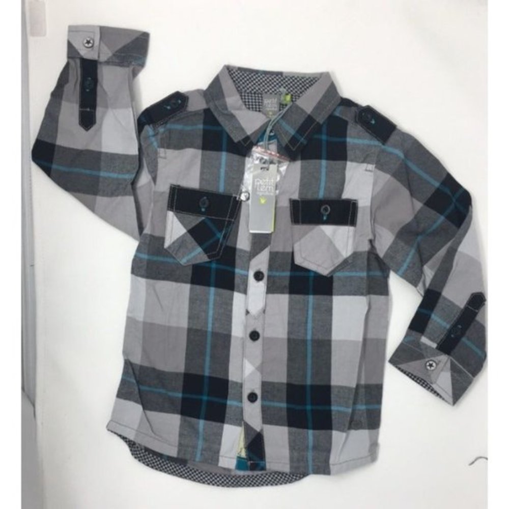 Petit Lem Boys Black and Blue Plaid Long-Sleeve Button-Down Shirt, Size 3 NEW